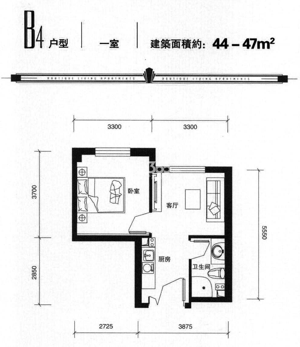 B4户型 1室1厅1卫  44-47平米